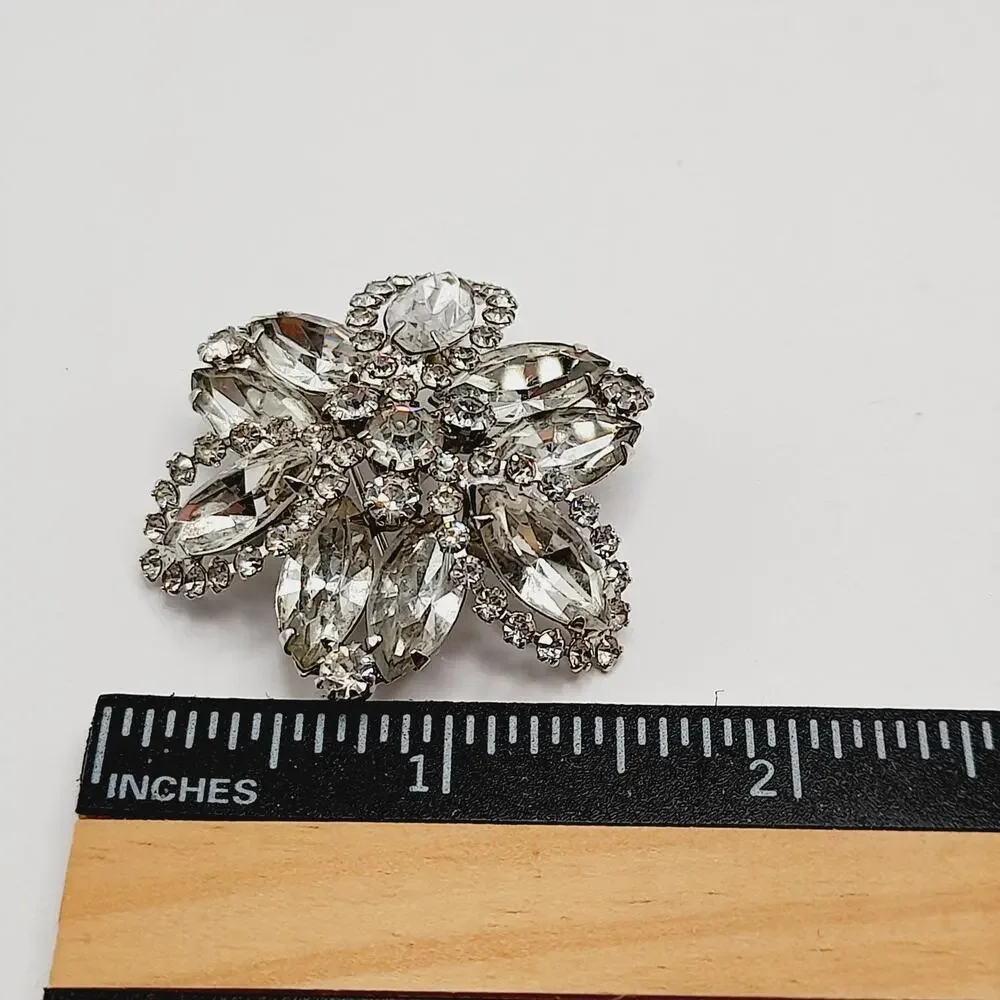 Vintage Clear Rhinestone Flower Brooch Rhodium Plated Sparkling 1.5 Inch